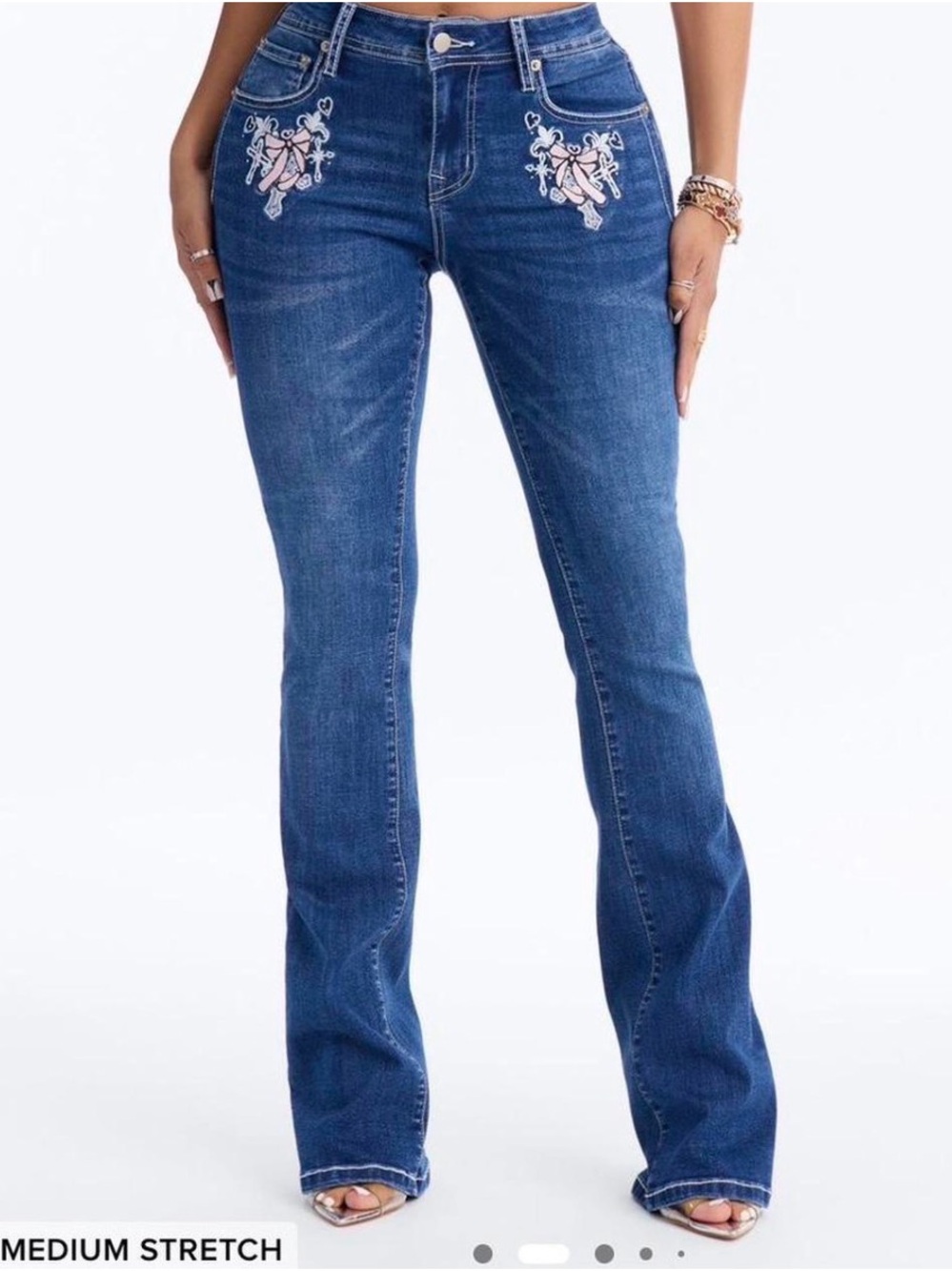 Fashion Nova Medium Blue Flare Jeans with Pink Embroidery